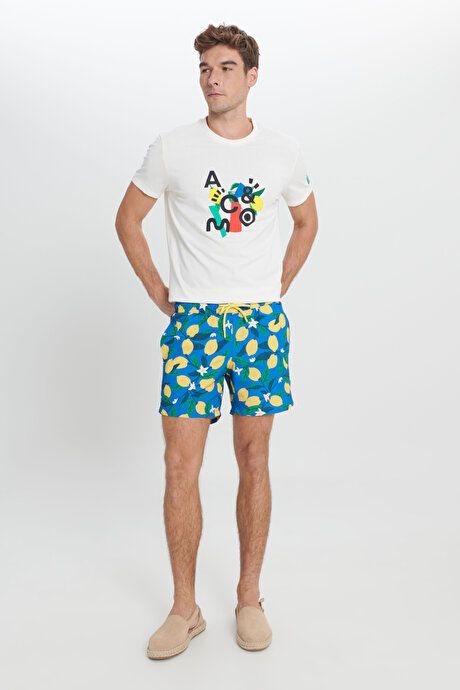 Standard Fit Regular Fit Quick Drying Patterned Blue-Yellow Swimsuit Sea Shorts with Pockets ET4724200009MSR