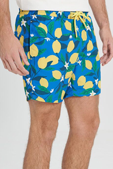 Standard Fit Regular Fit Quick Drying Patterned Blue-Yellow Swimsuit Sea Shorts with Pockets ET4724200009MSR