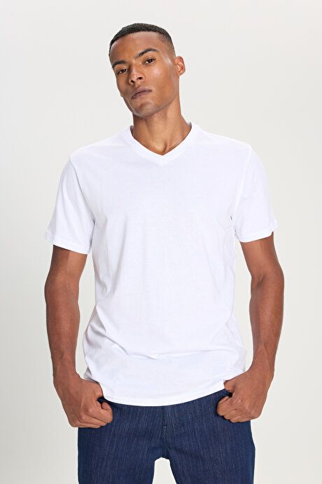 Slim Fit Slim Fit V-Neck Cotton Short Sleeve White T-Shirt ET4800000001BYZ