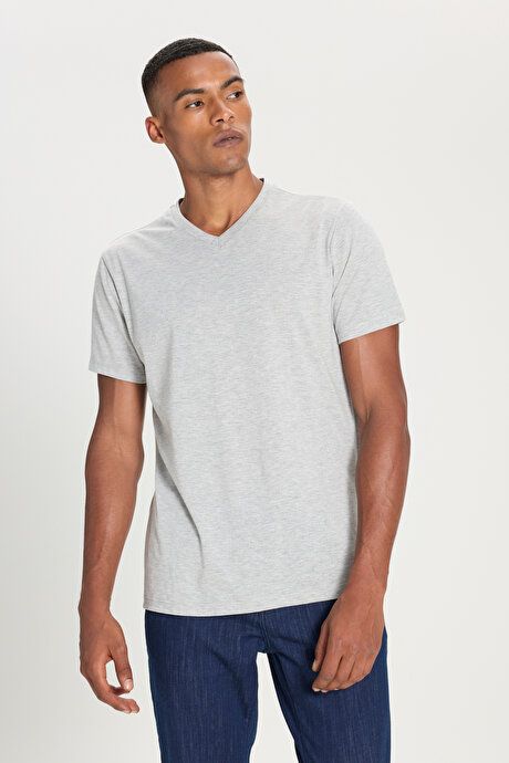 Slim Fit Slim Fit V-Neck Cotton Short Sleeve Gray Melange T-Shirt ET4800000001GMJ