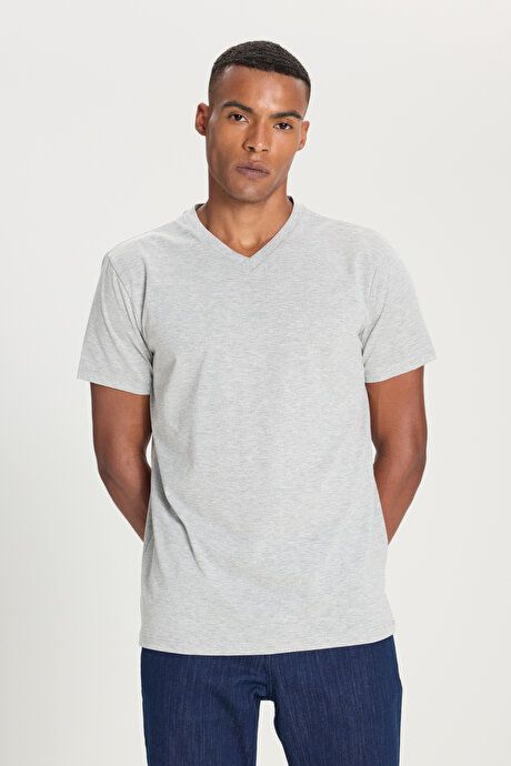 Slim Fit Slim Fit V-Neck Cotton Short Sleeve Gray Melange T-Shirt ET4800000001GMJ