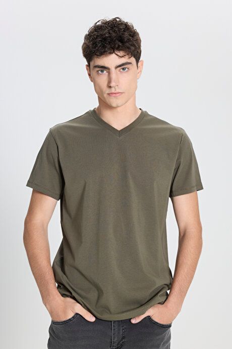 Slim Fit Slim Fit V-Neck Cotton Short Sleeve Khaki T-Shirt ET4800000001HAK