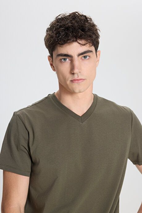 Slim Fit Slim Fit V-Neck Cotton Short Sleeve Khaki T-Shirt ET4800000001HAK