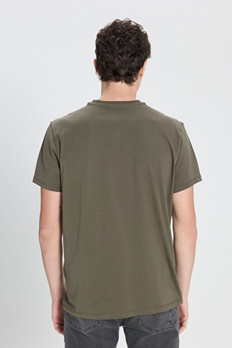 Slim Fit Slim Fit V-Neck Cotton Short Sleeve Khaki T-Shirt ET4800000001HAK