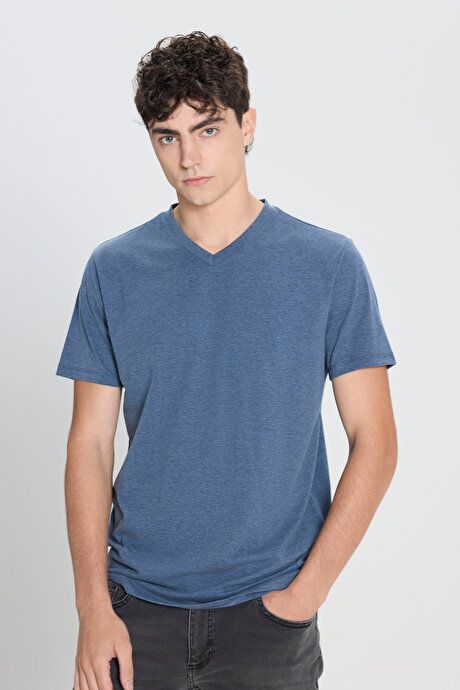 Slim Fit Slim Fit V-Neck Cotton Short Sleeve Indigo Melange T-Shirt ET4800000001INJ