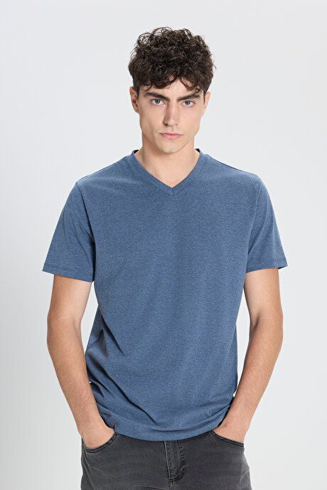 Slim Fit Slim Fit V-Neck Cotton Short Sleeve Indigo Melange T-Shirt ET4800000001INJ