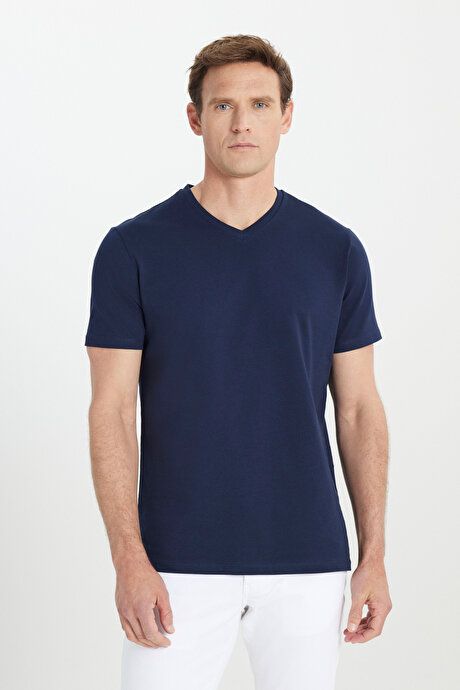 Slim Fit Slim Fit V-Neck Cotton Short Sleeve Navy Blue T-Shirt ET4800000001LAC