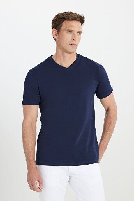 Slim Fit Slim Fit V-Neck Cotton Short Sleeve Navy Blue T-Shirt ET4800000001LAC