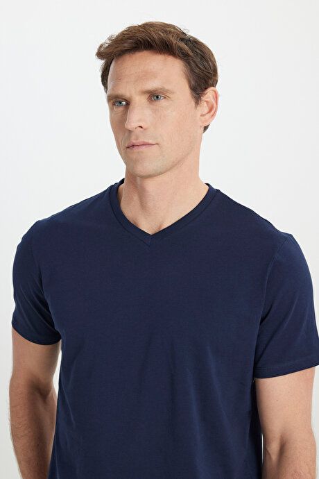 Slim Fit Slim Fit V-Neck Cotton Short Sleeve Navy Blue T-Shirt ET4800000001LAC