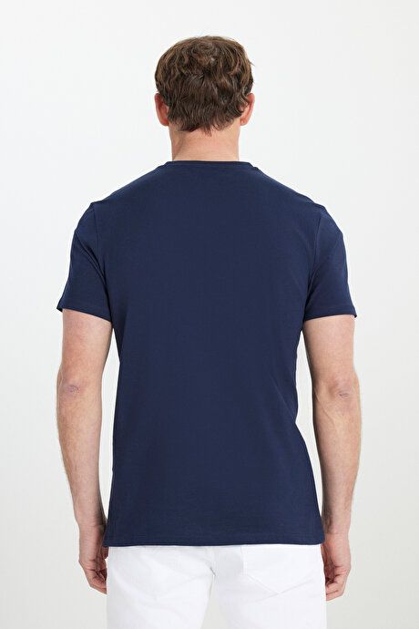 Slim Fit Slim Fit V-Neck Cotton Short Sleeve Navy Blue T-Shirt ET4800000001LAC