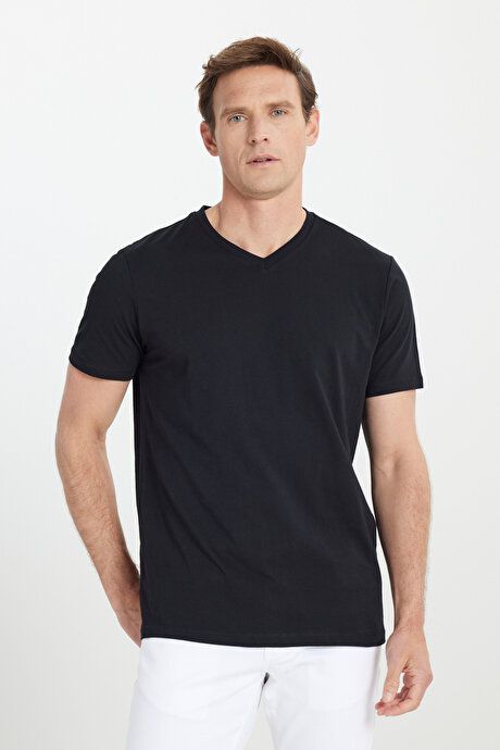 Slim Fit Slim Fit V-Neck Cotton Short Sleeve Black T-Shirt ET4800000001SYH