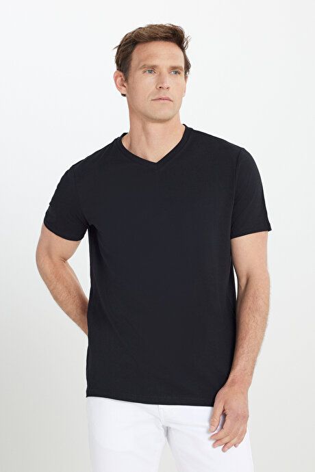 Slim Fit Slim Fit V-Neck Cotton Short Sleeve Black T-Shirt ET4800000001SYH