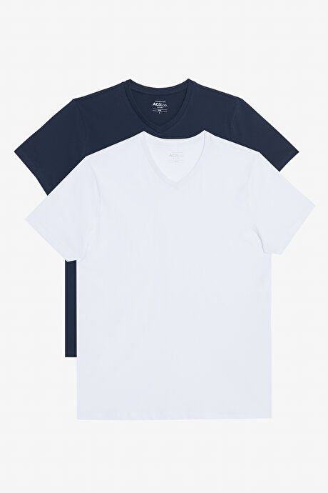 Pack of 2 Slim Fit Slim Fit Slim Fit V Neck 100% Cotton WHITE-LACIVERT T-Shirt ET480000P201K77