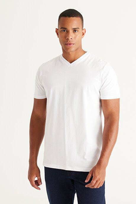 Pack of 2 Slim Fit Slim Fit Slim Fit V Neck 100% Cotton WHITE-LACIVERT T-Shirt ET480000P201K77