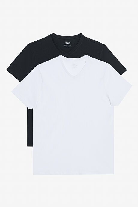 Pack of 2 Slim Fit Slim Fit Slim Fit V Neck 100% Cotton Black and White T-Shirt ET480000P201K81