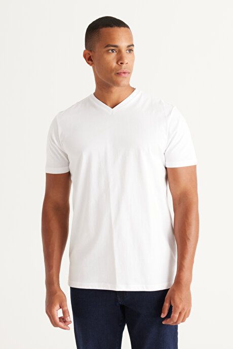 Pack of 2 Slim Fit Slim Fit Slim Fit V Neck 100% Cotton White-White T-Shirt ET480000P201K86