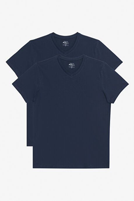 Pack of 2 Slim Fit Slim Fit Slim Fit V Neck 100% Cotton Navy Blue-Navy Blue T-Shirt ET480000P201K87