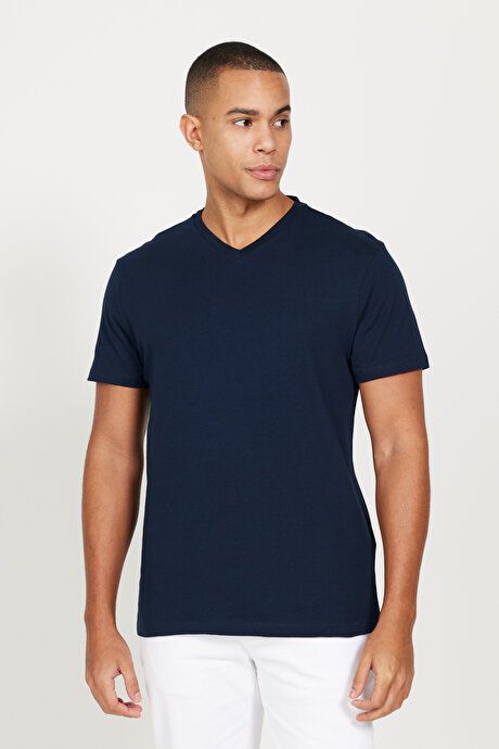 Pack of 2 Slim Fit Slim Fit Slim Fit V Neck 100% Cotton Navy Blue-Navy Blue T-Shirt ET480000P201K87