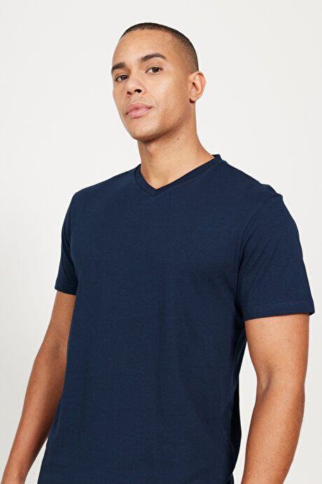 Pack of 2 Slim Fit Slim Fit Slim Fit V Neck 100% Cotton Navy Blue-Navy Blue T-Shirt ET480000P201K87