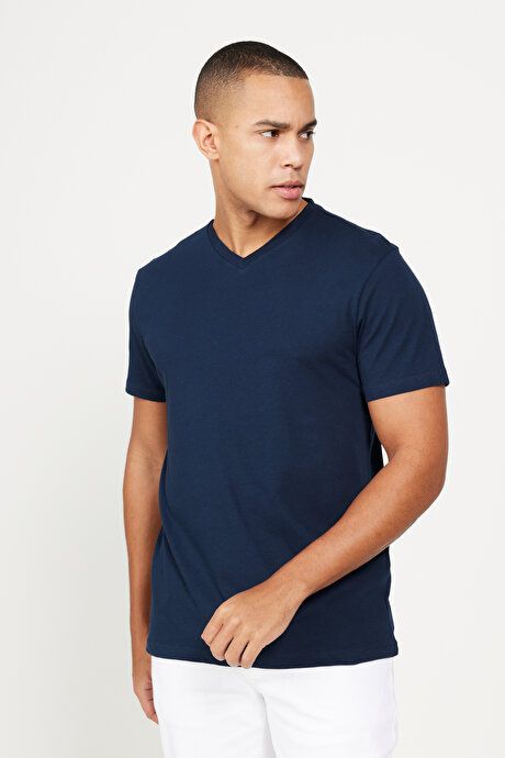 Pack of 2 Slim Fit Slim Fit Slim Fit V Neck 100% Cotton Navy Blue-Navy Blue T-Shirt ET480000P201K87