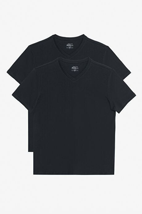 Pack of 2 Slim Fit Slim Fit Slim Fit V Neck 100% Cotton Black-Black T-Shirt ET480000P201K88