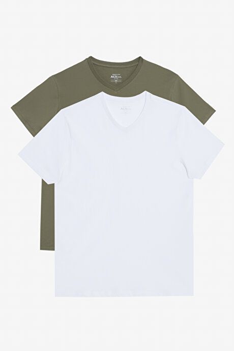 Pack of 2 Slim Fit Slim Fit Slim Fit V Neck 100% Cotton WHITE-KAKI T-Shirt ET480000P201K98