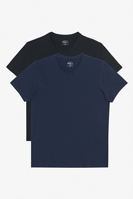 Pack of 2 Slim Fit Slim Fit Slim Fit V Neck 100% Cotton BLACK-LACIVERT T-Shirt ET480000P201K99