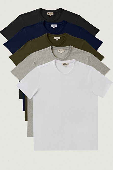 Slim Fit Slim Fit Crew Neck 5-Piece White-Black-Gray Melange-Lacquard-Khaki T-Shirt Pack ET4820200025K01