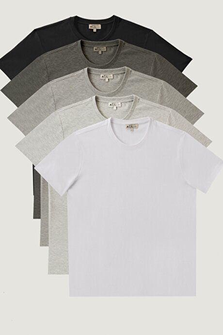 Slim Fit Slim Fit Crew Neck 5-Piece White-Grey Melange-Dark Grey-Anthracite-Black T-Shirt Pack ET4820200025K02