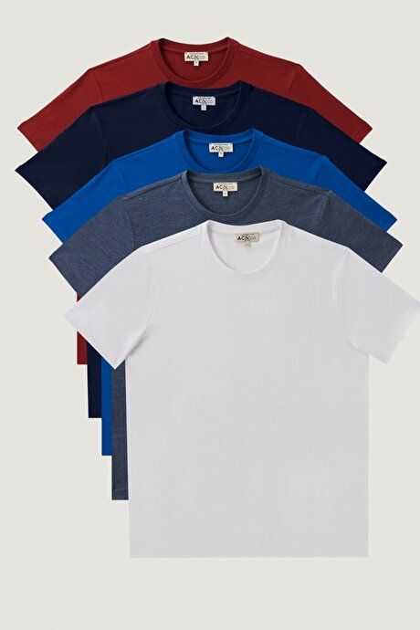 Slim Fit Slim Fit Crew Neck 5-Piece White-Sax-Indigo Melange-Lacquoise-Burgundy T-Shirt Pack ET4820200025K03