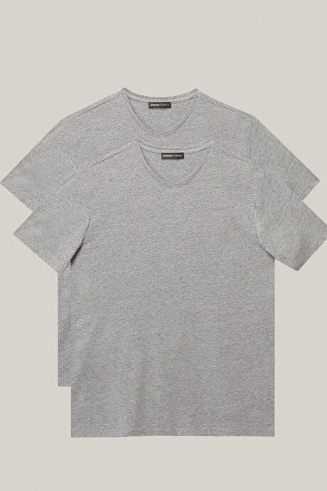 Slim Fit Slim Fit V Neck 2 Pcs Gray Melange T Shirt Pack ET4820200031GMJ