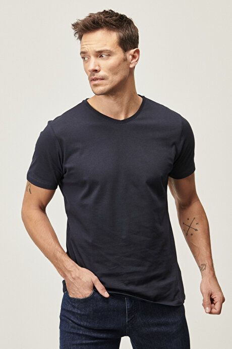 Slim Fit Slim Fit V-Neck Navy Blue T-Shirt Pack of 2 ET4820200031LAC