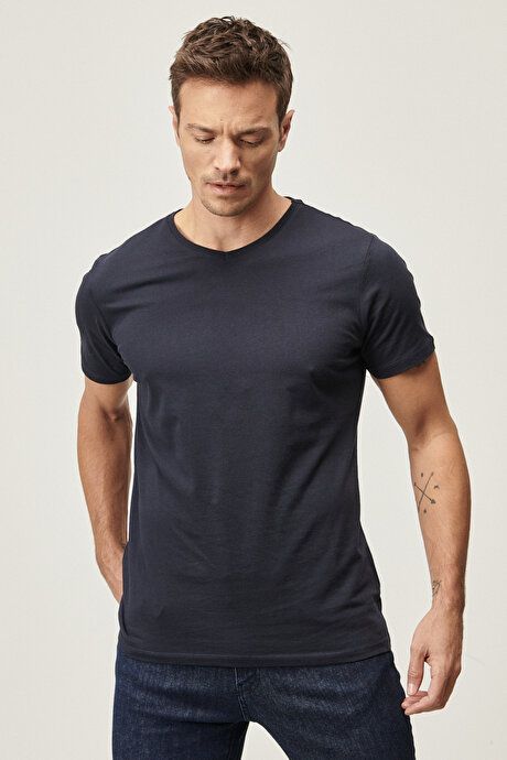 Slim Fit Slim Fit V-Neck Navy Blue T-Shirt Pack of 2 ET4820200031LAC