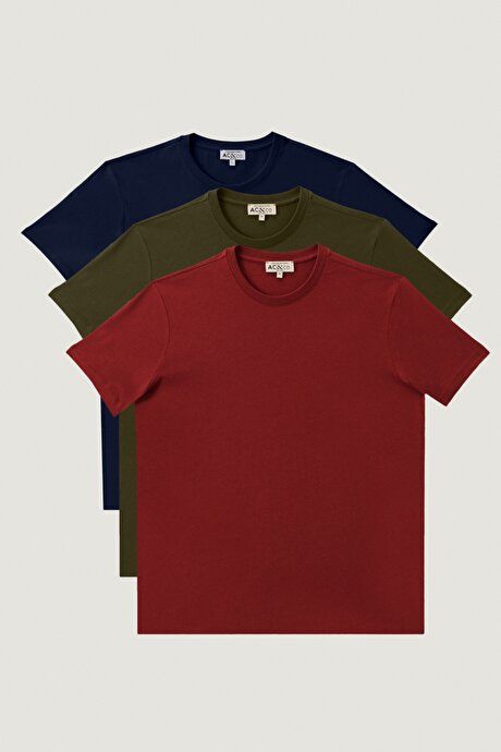 Slim Fit Slim Fit 100% Cotton 3-Piece Burgundy-Navy-Khaki T-Shirt Pack ET4820200033K61