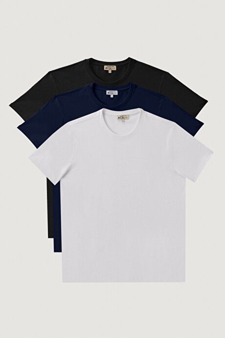 Slim Fit Slim Fit 100% Cotton 3-Pack Black-Navy-White T-Shirt ET4820200033K67