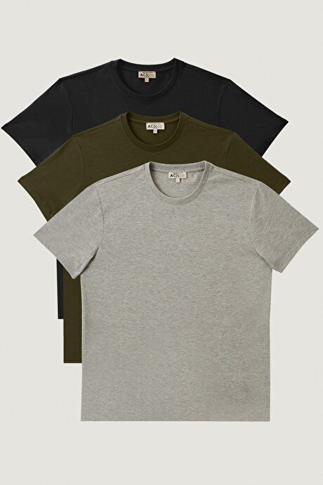 Slim Fit Slim Fit 100% Cotton 3-Piece Black-Khaki-Gray Melange T-Shirt Pack ET4820200033K68