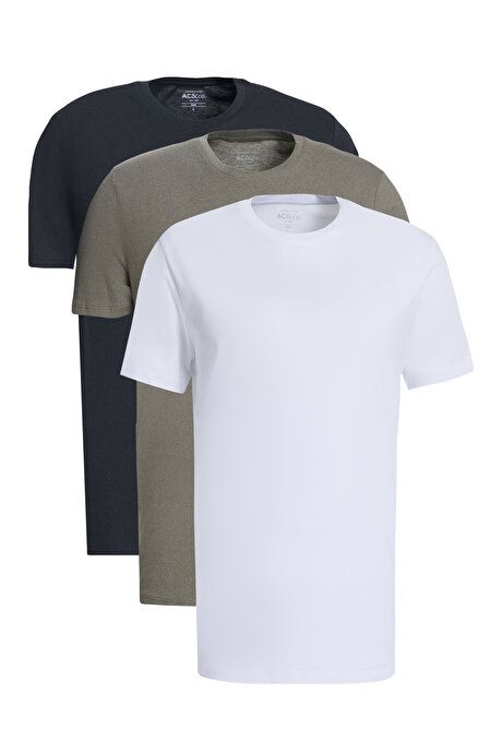 Slim Fit Slim Fit 100% Cotton 3-Piece HAKI-SIYAH-WHITE T-Shirt Pack ET4820200033K69