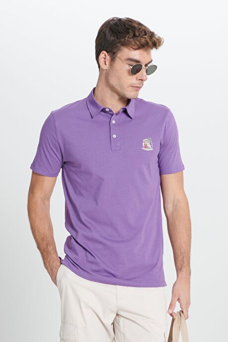 Standard Fit Regular Fit 100% Cotton Soft Textured Printed Polo Collar Purple T-Shirt ET4824200002MOR