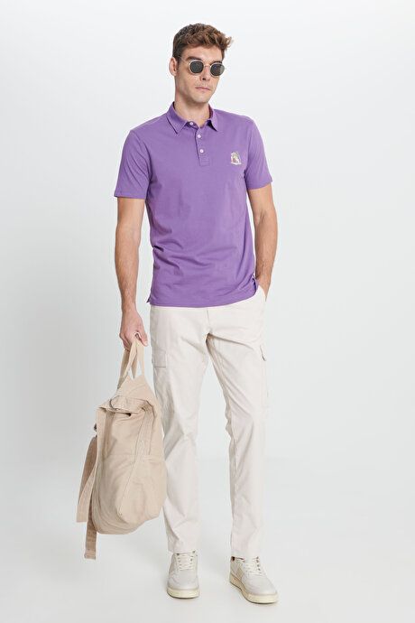 Standard Fit Regular Fit 100% Cotton Soft Textured Printed Polo Collar Purple T-Shirt ET4824200002MOR