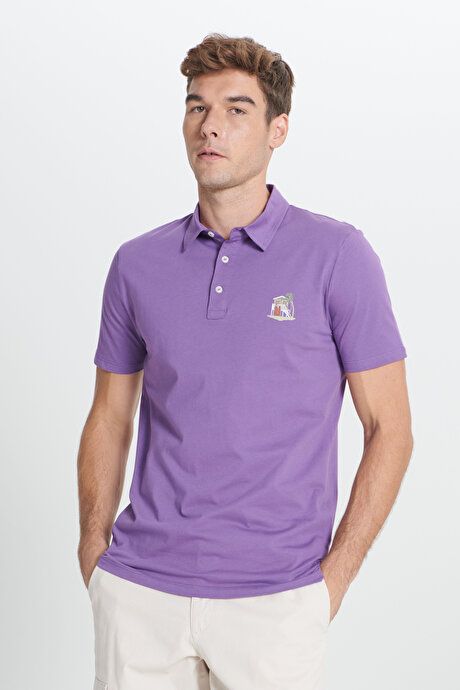 Standard Fit Regular Fit 100% Cotton Soft Textured Printed Polo Collar Purple T-Shirt ET4824200002MOR