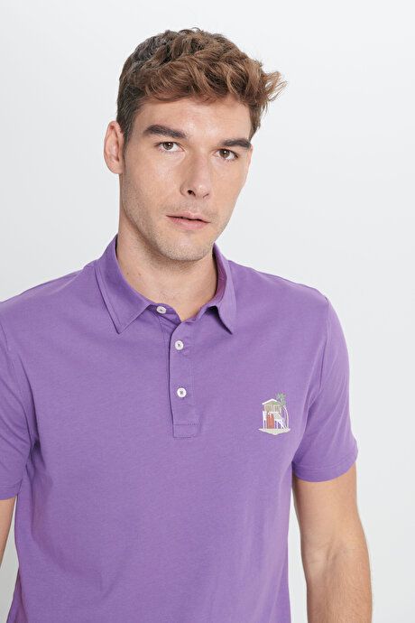 Standard Fit Regular Fit 100% Cotton Soft Textured Printed Polo Collar Purple T-Shirt ET4824200002MOR