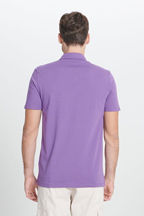 Standard Fit Regular Fit 100% Cotton Soft Textured Printed Polo Collar Purple T-Shirt ET4824200002MOR