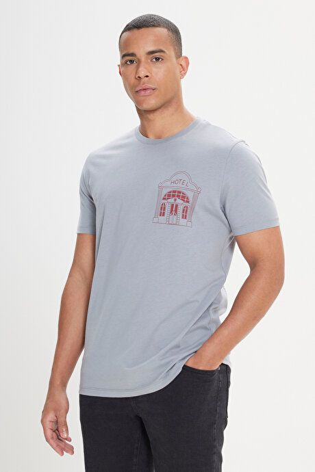 Standard Fit Regular Fit 100% Cotton Printed Crew Neck Gray T-Shirt ET4824200063GRI