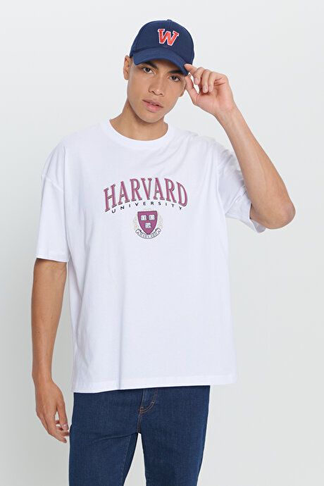 Harvard Licensed Oversized Loose Fit 100% Cotton Printed Crew Neck White T-Shirt ET4824200074BYZ