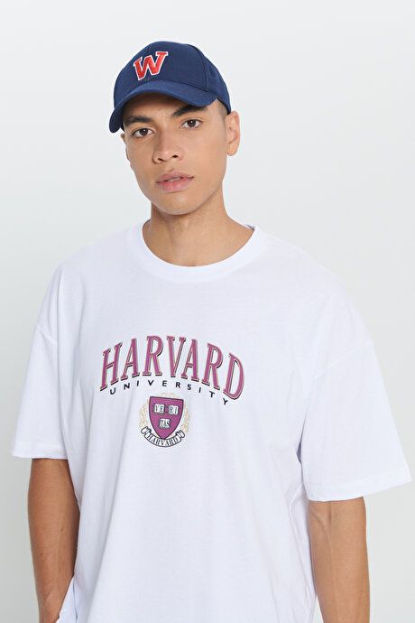 Harvard Licensed Oversized Loose Fit 100% Cotton Printed Crew Neck White T-Shirt ET4824200074BYZ