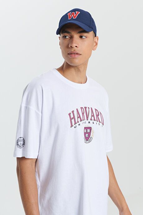 Harvard Licensed Oversized Loose Fit 100% Cotton Printed Crew Neck White T-Shirt ET4824200074BYZ