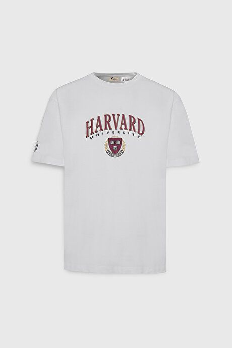 Harvard Licensed Oversized Loose Fit 100% Cotton Printed Crew Neck White T-Shirt ET4824200074BYZ