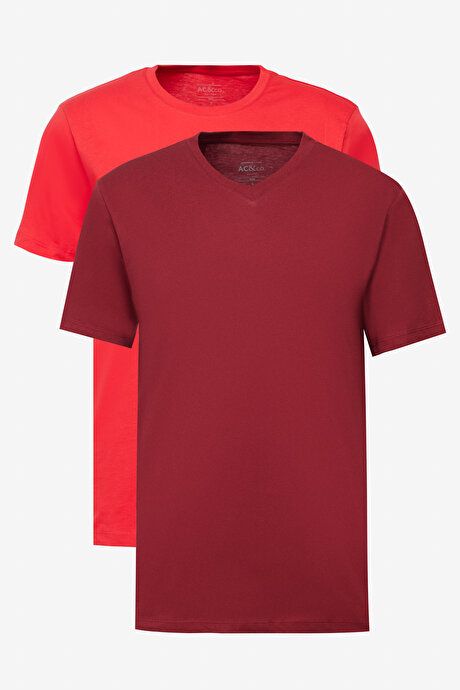 2 Pack Slim Fit Slim Fit Slim Fit Cotton Basic BORDO-RED T-Shirt ET48242P2001K43