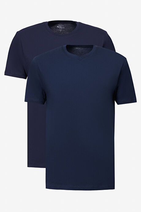 2 Pack Slim Fit Slim Fit Slim Fit Cotton Basic Navy-Blue T-Shirt ET48242P2001K87