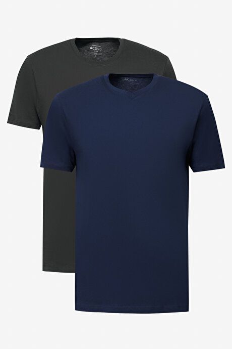 2 Pack Slim Fit Slim Fit Slim Fit Cotton Basic BLACK-LACIVERT T-Shirt ET48242P2001K99